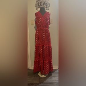 Women’s red with gold polka dots lace inlay maxi dress size large